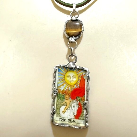 Artisan Jewelry - Tarot Card Mixed Media & Artisan Metalwork Tiger Eye Pendant Leather Necklace